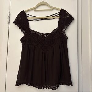 MaxAzria Collection Crochet Silk Boho Blouse Top Open Back in Brown (Size Large)